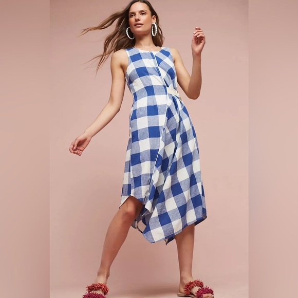 MAEVE by ANTHROPOLOGIE NWOT Belted Gingham Dress in Blue Motif